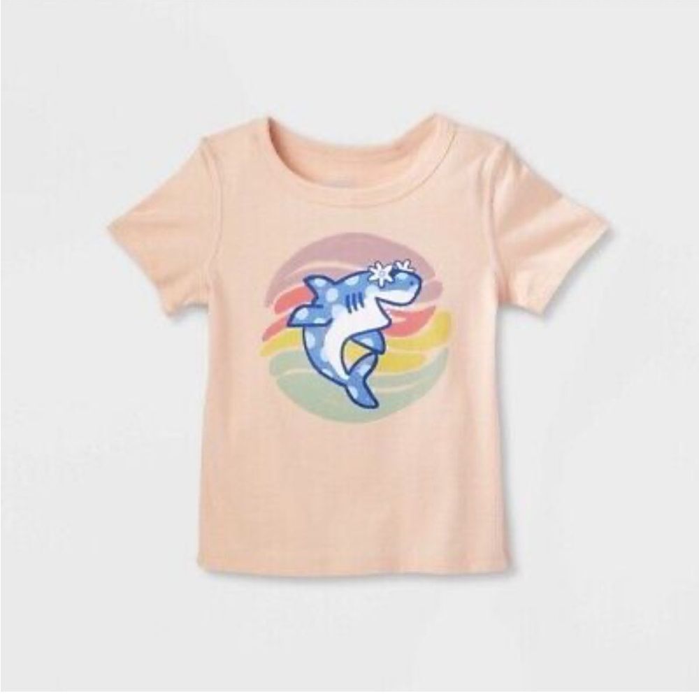 NWT Cat & Jack Size 3T Short Sleeve Pink Light Peach Girl’s Shark T-Shirt